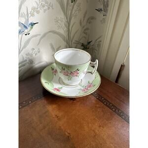 PHOENIX tea cup and saucer Green Gold Trim Primrose teacup England 1940s set